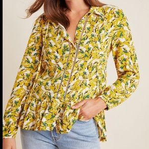 Anthropologie Maeve yellow blouse with cream, brown and cream design of hares